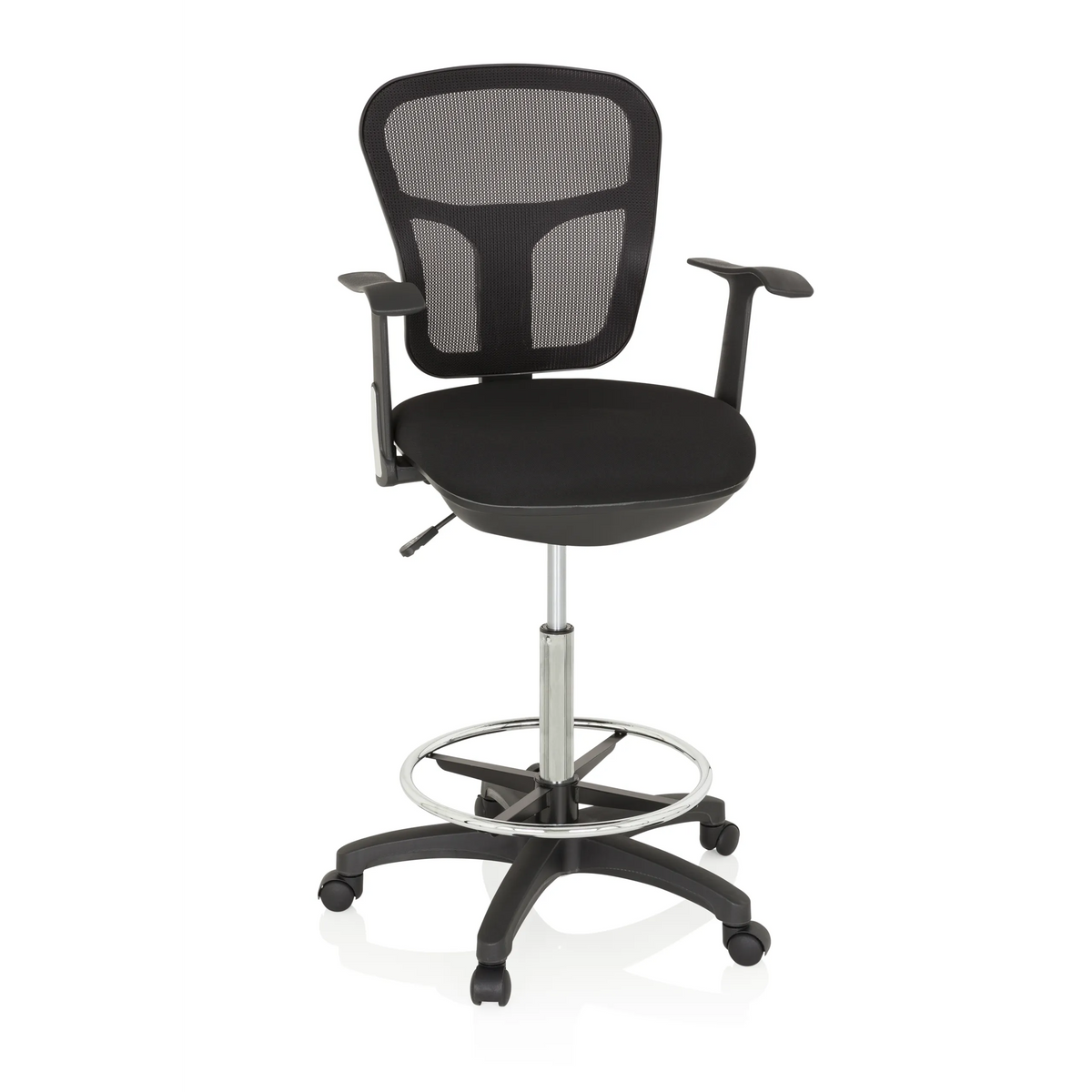 Svart Bardiskstol TOP WORK 108 med nätrygg, fotring och femhjulig stjärnfot från hjh OFFICE – 360-gradersvy (framifrån 20°)
