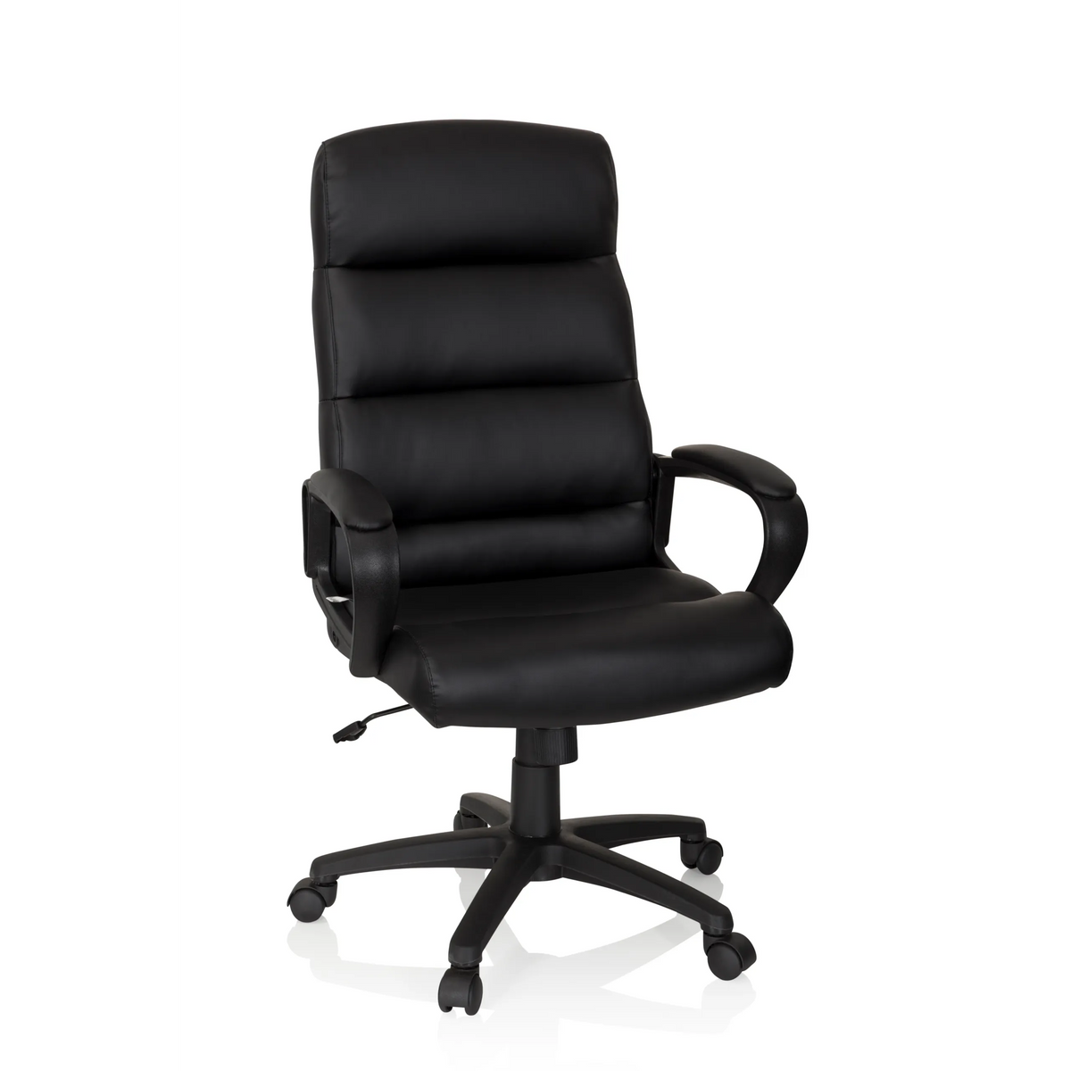 Svart Professionell chefsfåtölj FUTURA 100 med quiltad stoppning och femhjulig fotkorsbas från hjh OFFICE – 360-gradersvy (framifrån 20°)