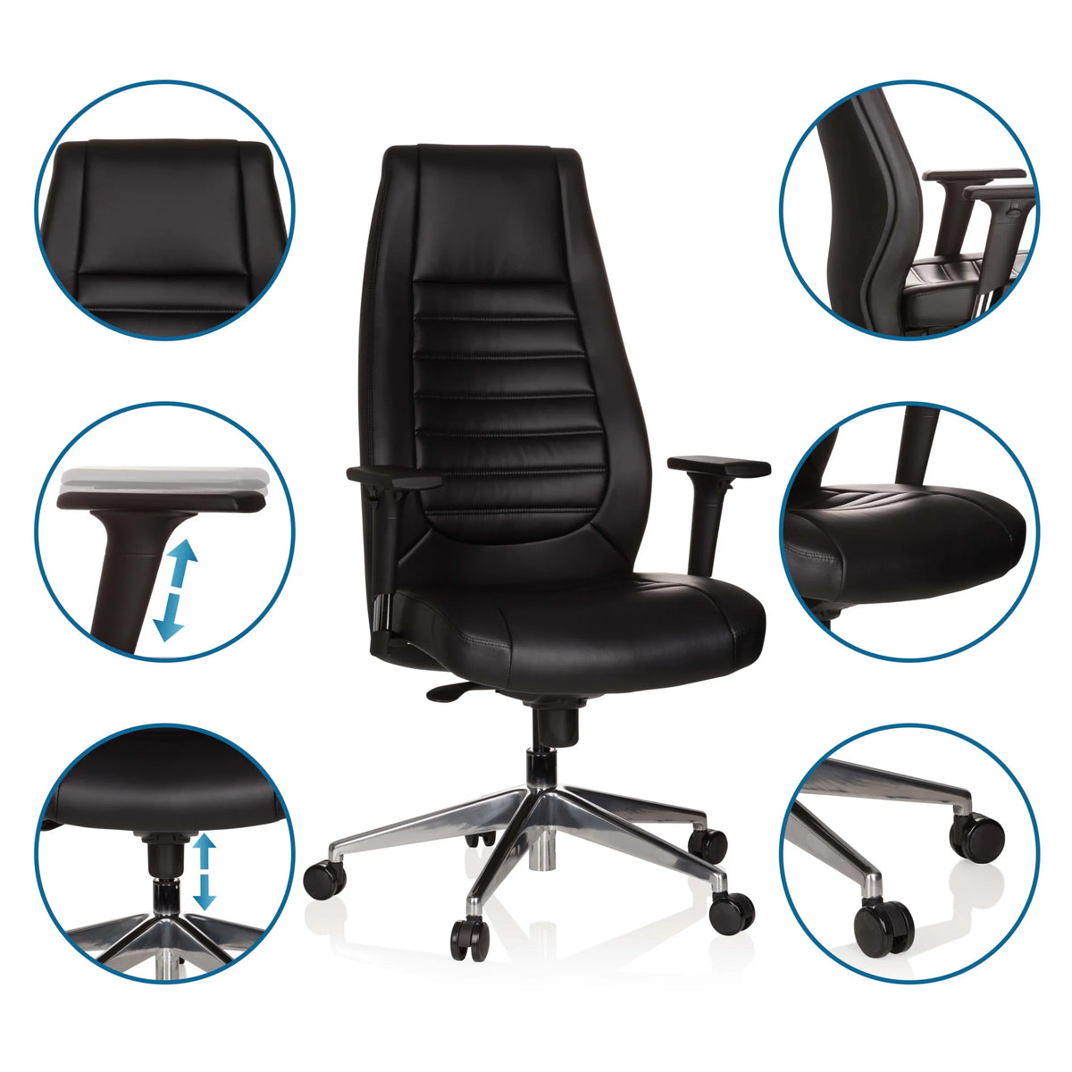 Professionell chefsfåtölj VITORO i svart med detaljvyer av armstöd, sitthöjd och hjul från hjh OFFICE