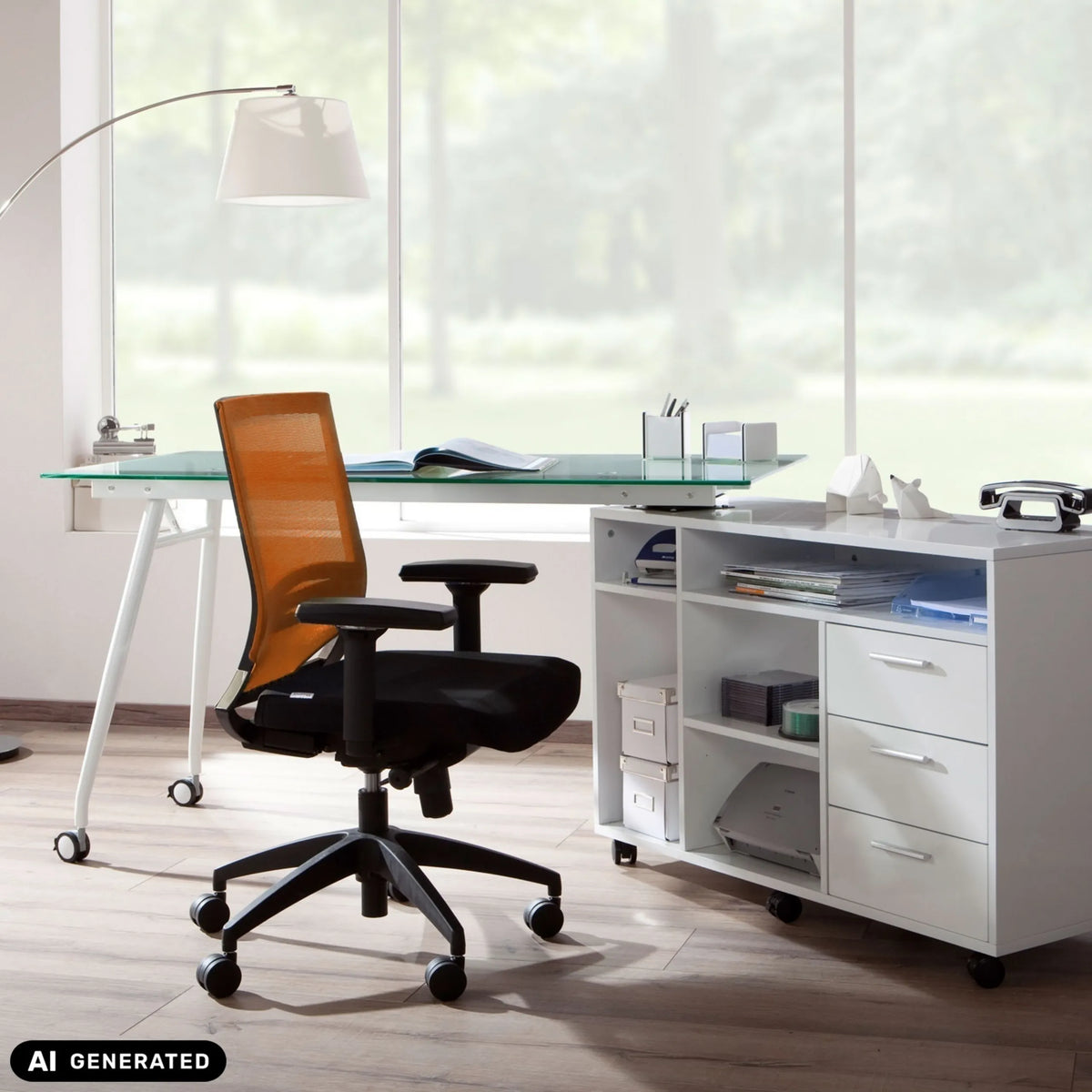 Professionell kontorsstol PORTO BASE i svart och orange med armstöd och hjul från hjh OFFICE (AI-genererad bild)