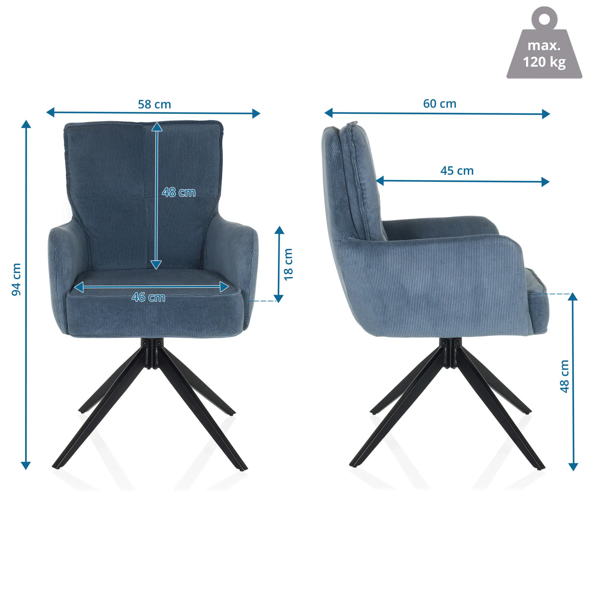 Måttskiss av den stoppade stolen TARUGO med en total höjd på 94 cm och en bredd på 58 cm från hjh LIVING