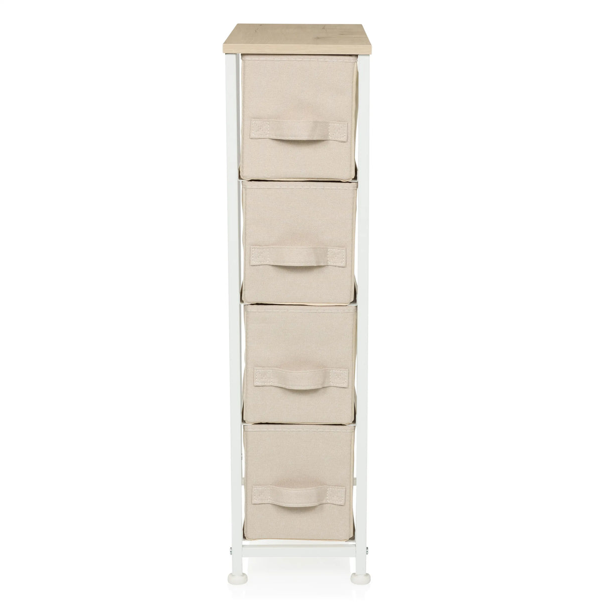 Beige Byrå FOLDRESS S med fyra tyglådor och en ljus träskiva från hjh LIVING – 360-gradersvy (framifrån 0°)