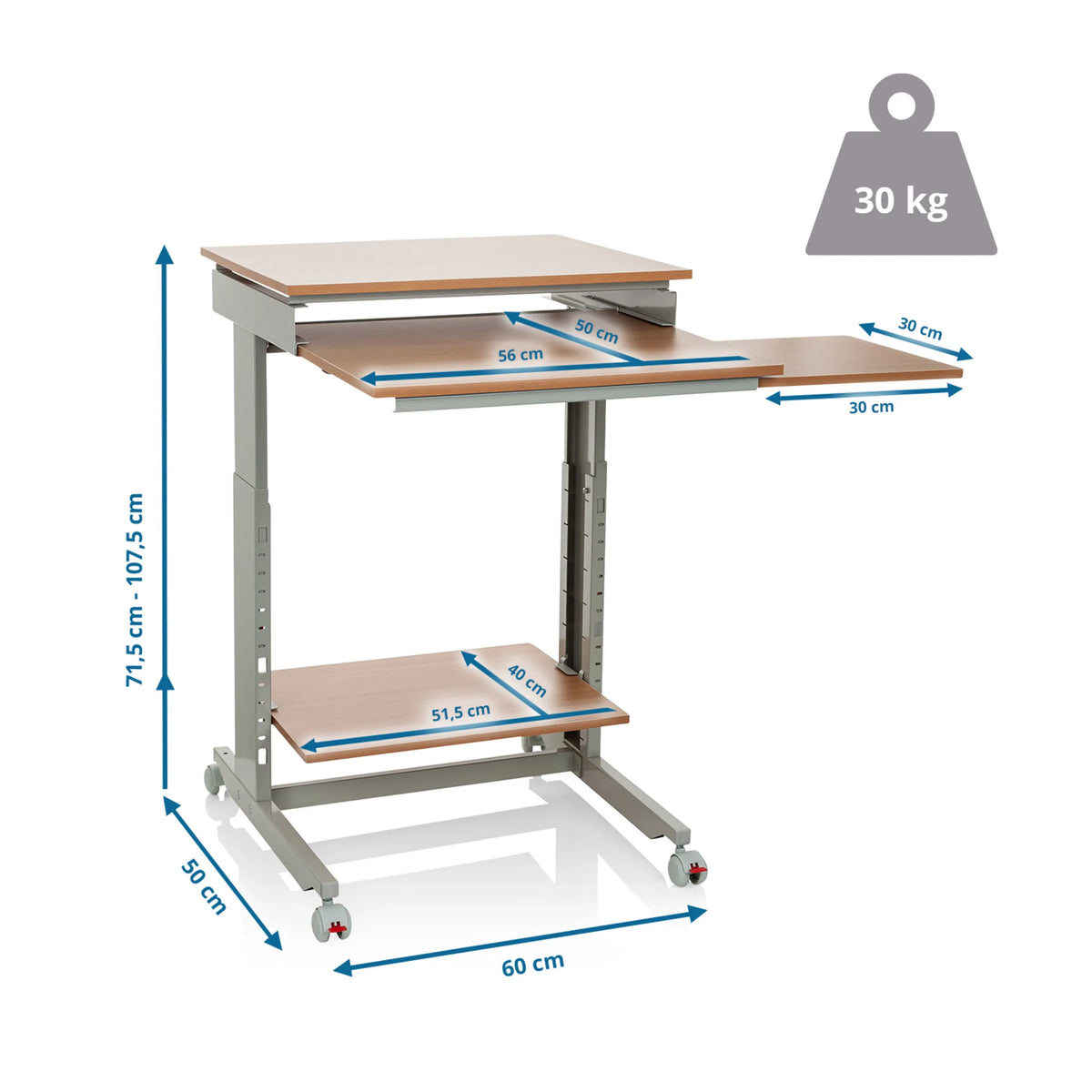 Måttritning av Ståskrivbord WORKSTATION med en bredd på 60 cm och en bärkapacitet på 30 kg från hjh OFFICE