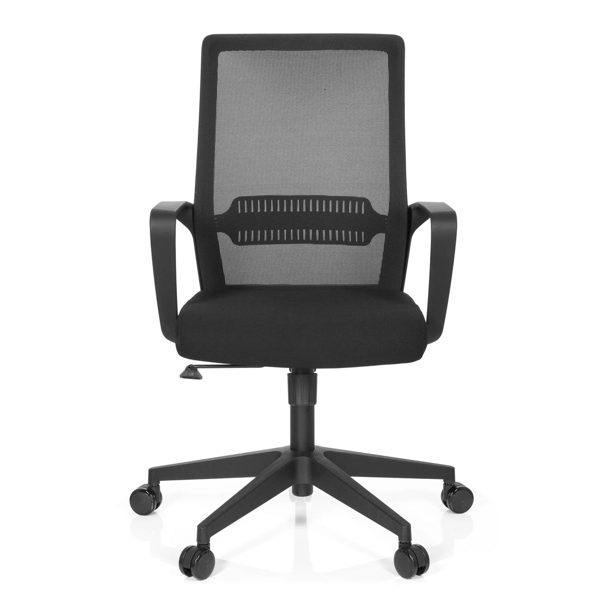 Svart Home Office kontorsstol PRESTON med nätrygg och femstjärnig fotkorsbas med hjul från hjh OFFICE – 360-gradersvy (framifrån 0°)