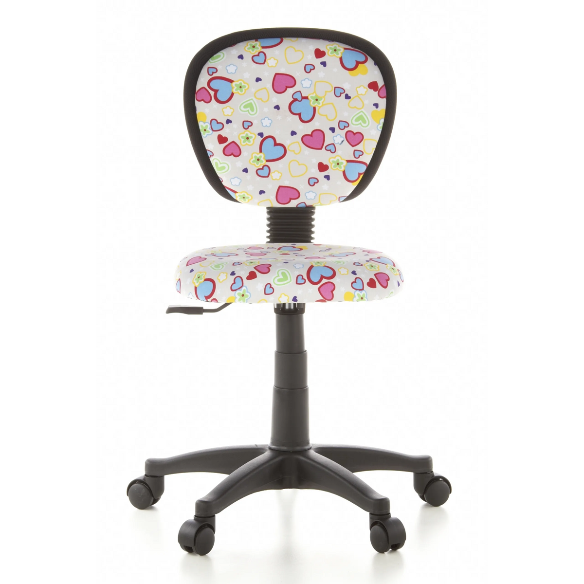 Snurrstol för barn KIDDY TOP med färgglatt hjärt- och blommönster samt femhjulig fotkorsbas från hjh OFFICE – 360-gradersvy (framifrån 0°)
