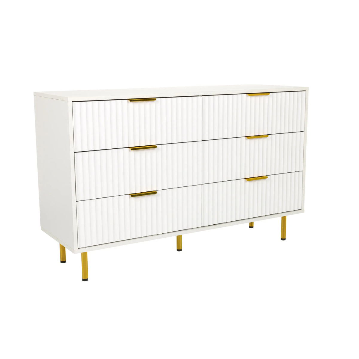 Weißes Sideboard HJELLE mit sechs Schubladen, geriffelten Fronten und goldenen Beinen von hjh LIVING – 360-Grad-Ansicht (schräge Frontansicht 30°)