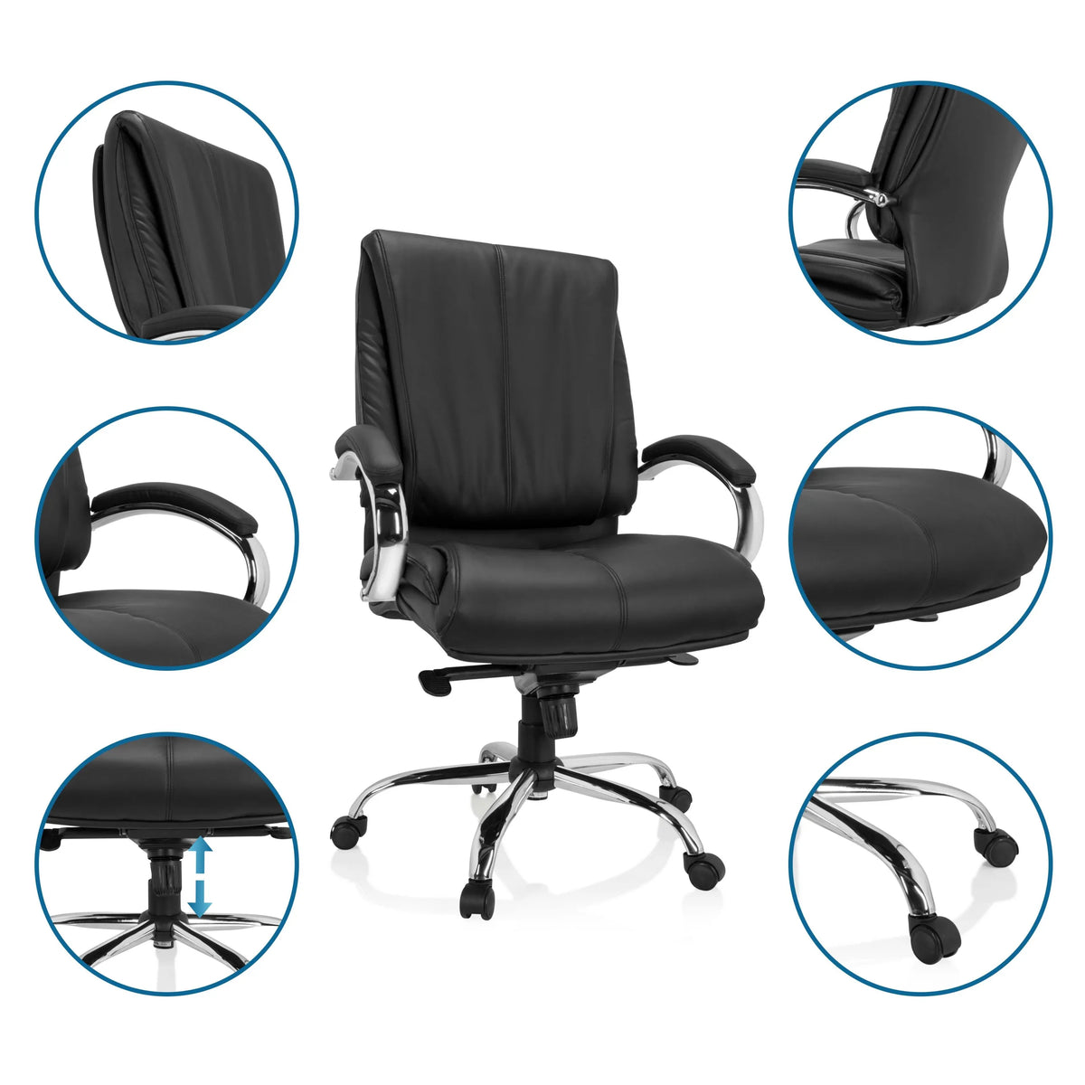 Schwarzer Drehstuhl XXL H 100 aus Kunstleder mit verschiedenen Detailansichten der Funktionen von hjh OFFICE