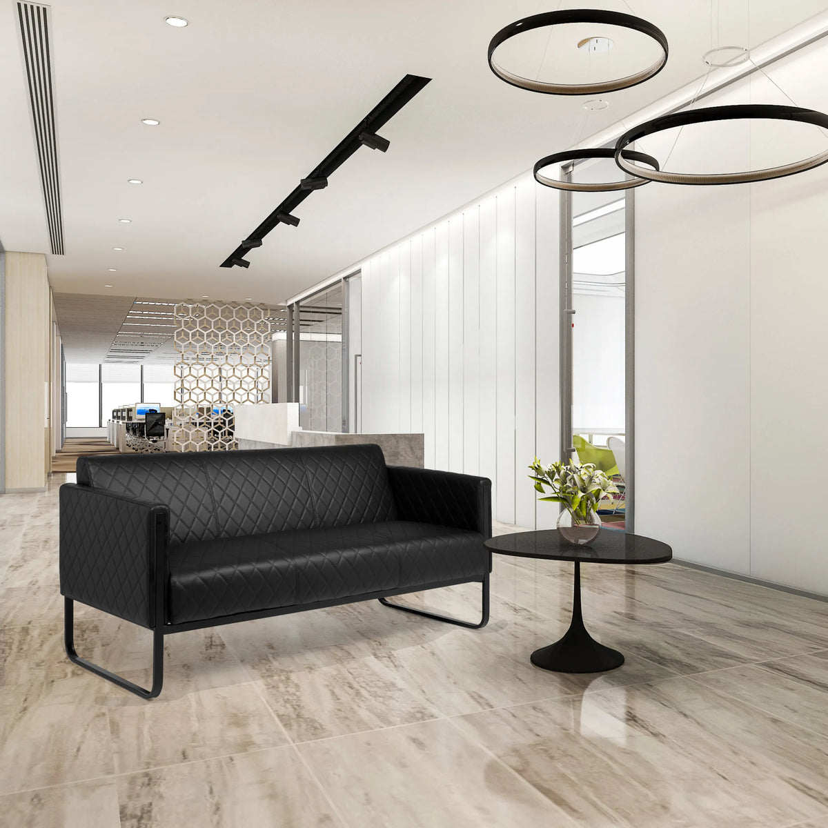 Svart 3-sits loungesoffa ARUBA BLACK med quiltad klädsel och smala metallben från hjh OFFICE