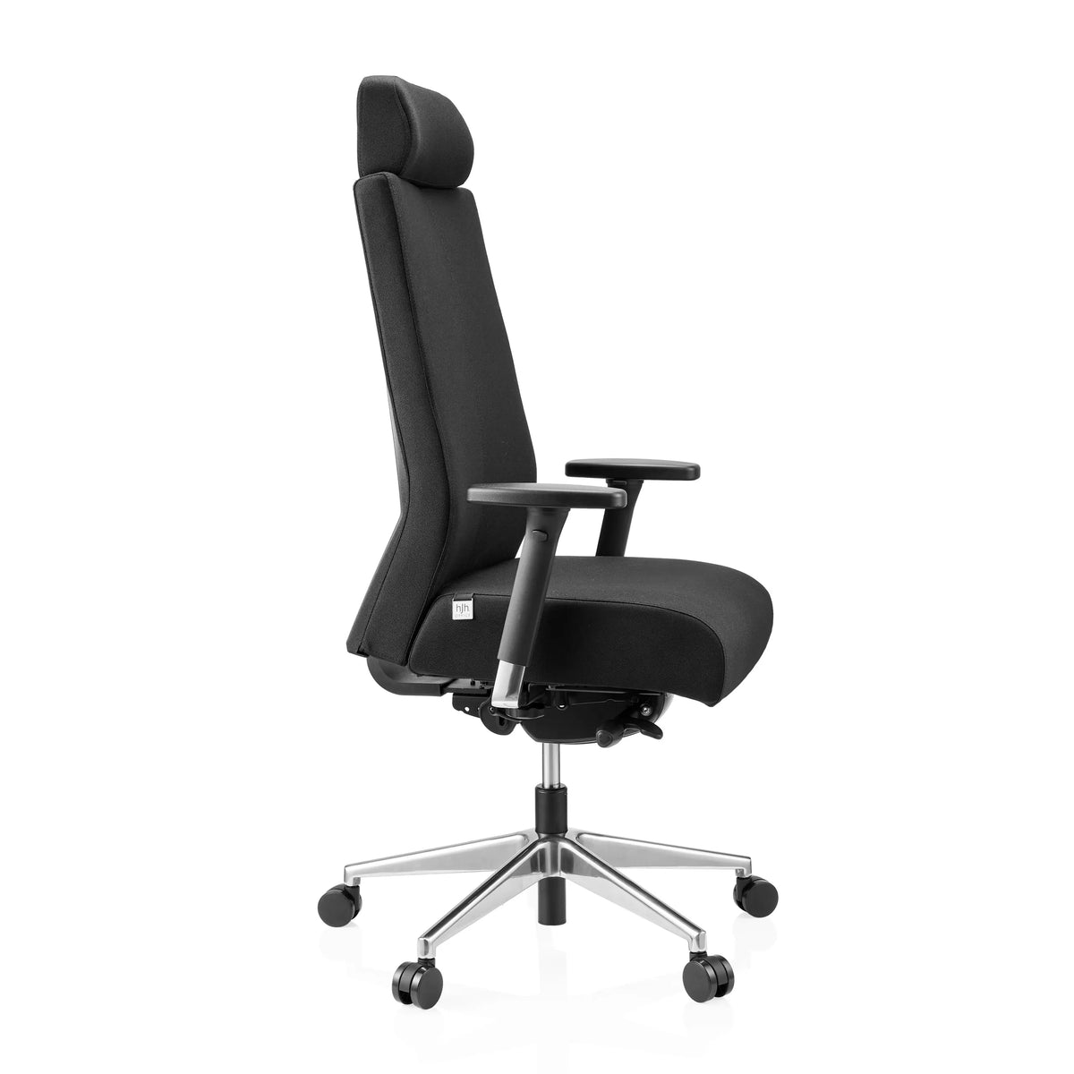 Svart Professionell kontorsstol PRO-TEC XXL med tygklädsel, nackstöd och femhjulig fotkorsbas från hjh OFFICE – 360-gradersvy (sidoprofil 75°)