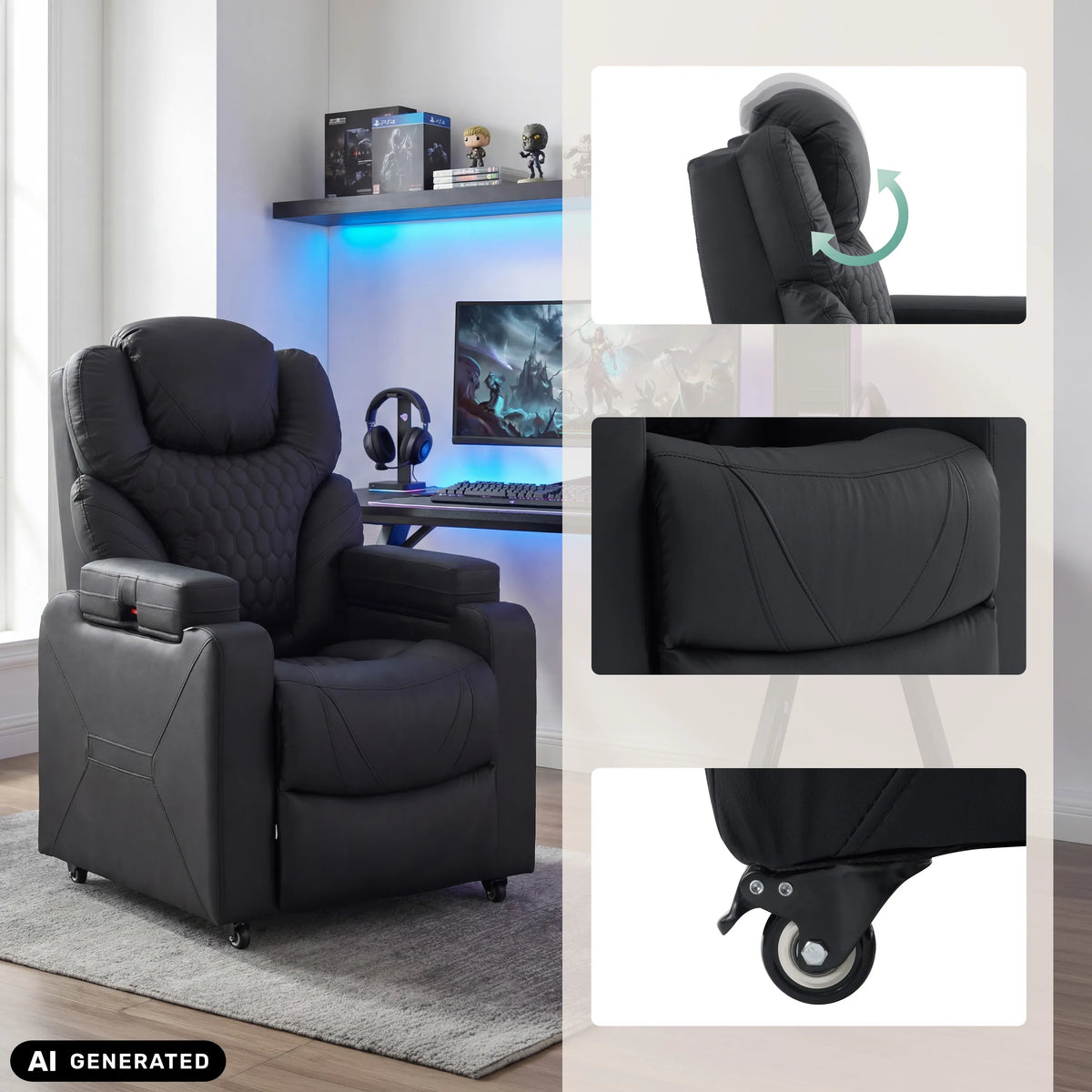 Svart Game Sport RX loungefåtölj med detaljvyer av nackstöd och hjul från hjh OFFICE (AI-genererad bild)