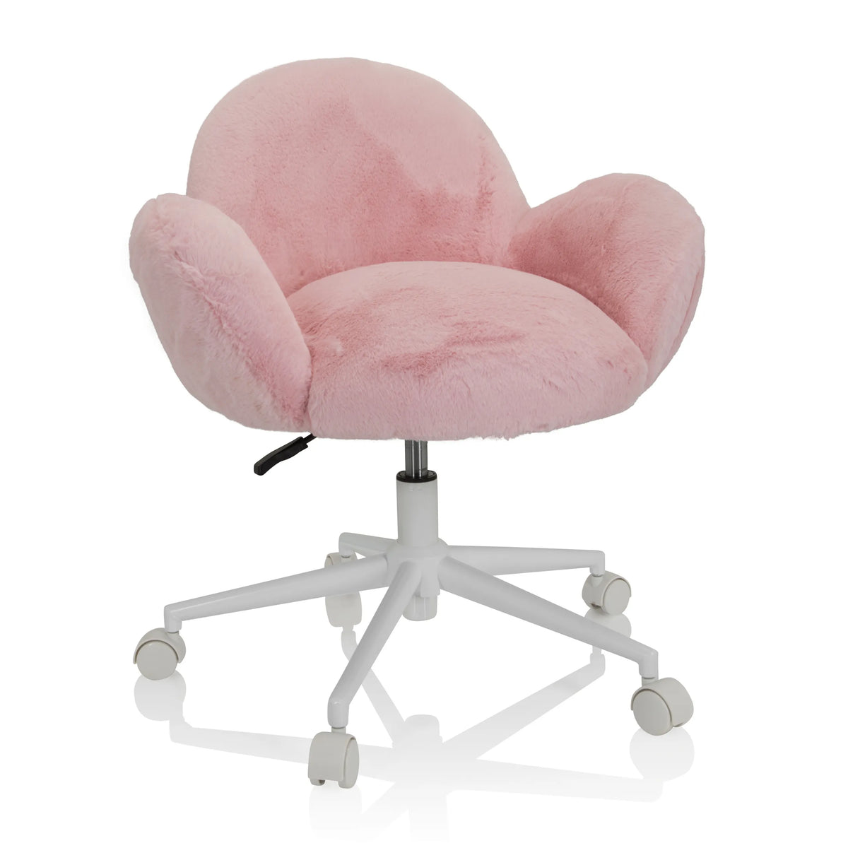 Rosa Snurrstol för barn KID TEDDY med fluffigt överdrag och vitt femstjärnigt underrede med hjul från hjh OFFICE – 360-gradersvy (framifrån 20°)