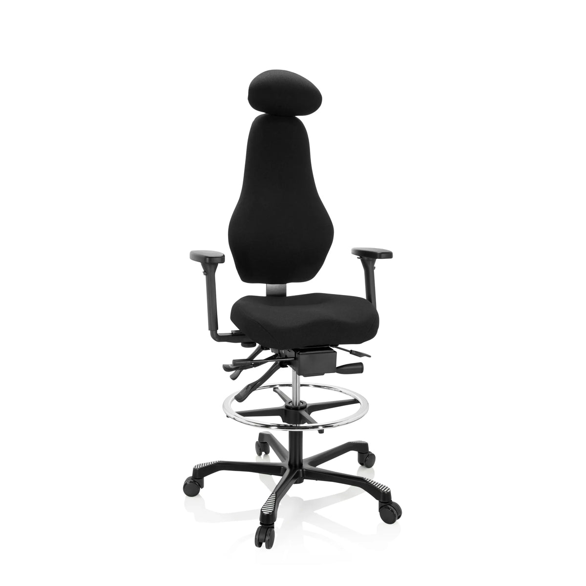 Svart Bardiskstol RESISTIO WORK med nackstöd, fotring och femstjärnig fotkorsbas med hjul från hjh OFFICE – 360-gradersvy (framifrån 20°)