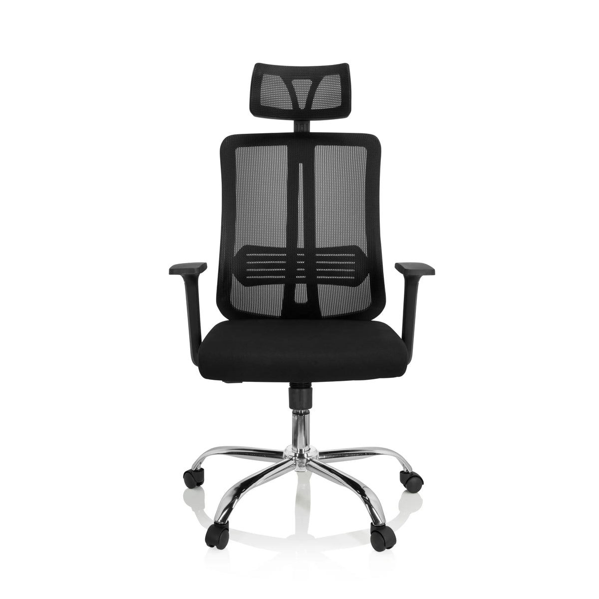 Schwarzer Home-Office-Bürostuhl ZH 200 mit Netzrücken und Fußkreuz mit fünf Rollen von hjh OFFICE – 360-Grad-Ansicht (Frontansicht 0°)