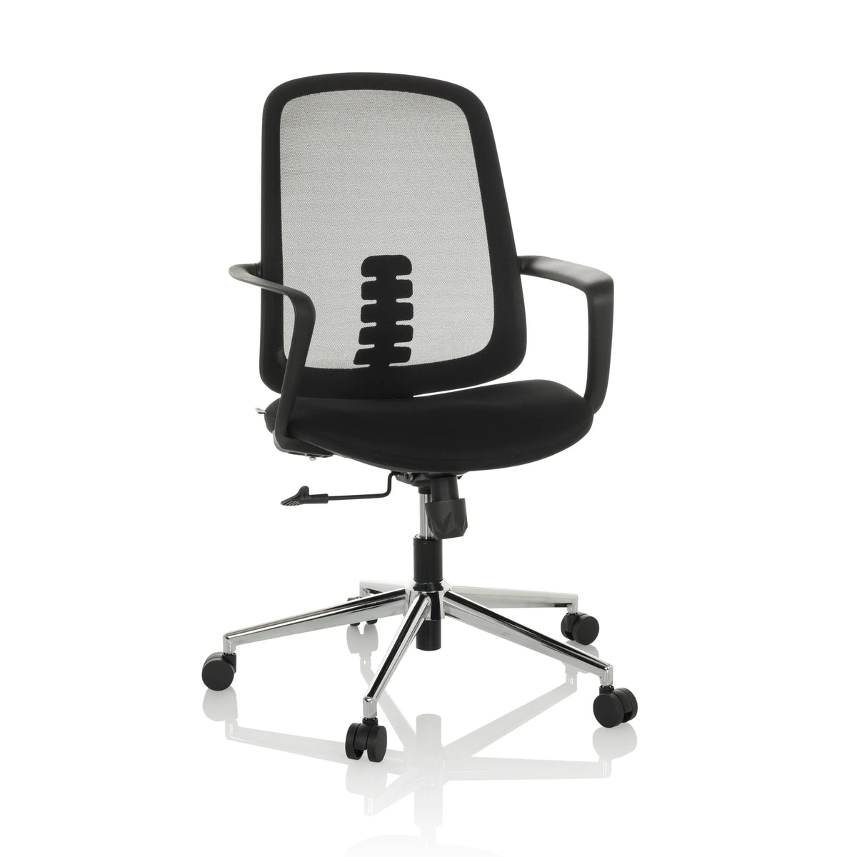 Svart Home Office kontorsstol SEDIOLO B med nätrygg och femhjulig fotkorsbas från hjh OFFICE – 360-gradersvy (snett framifrån 30°)