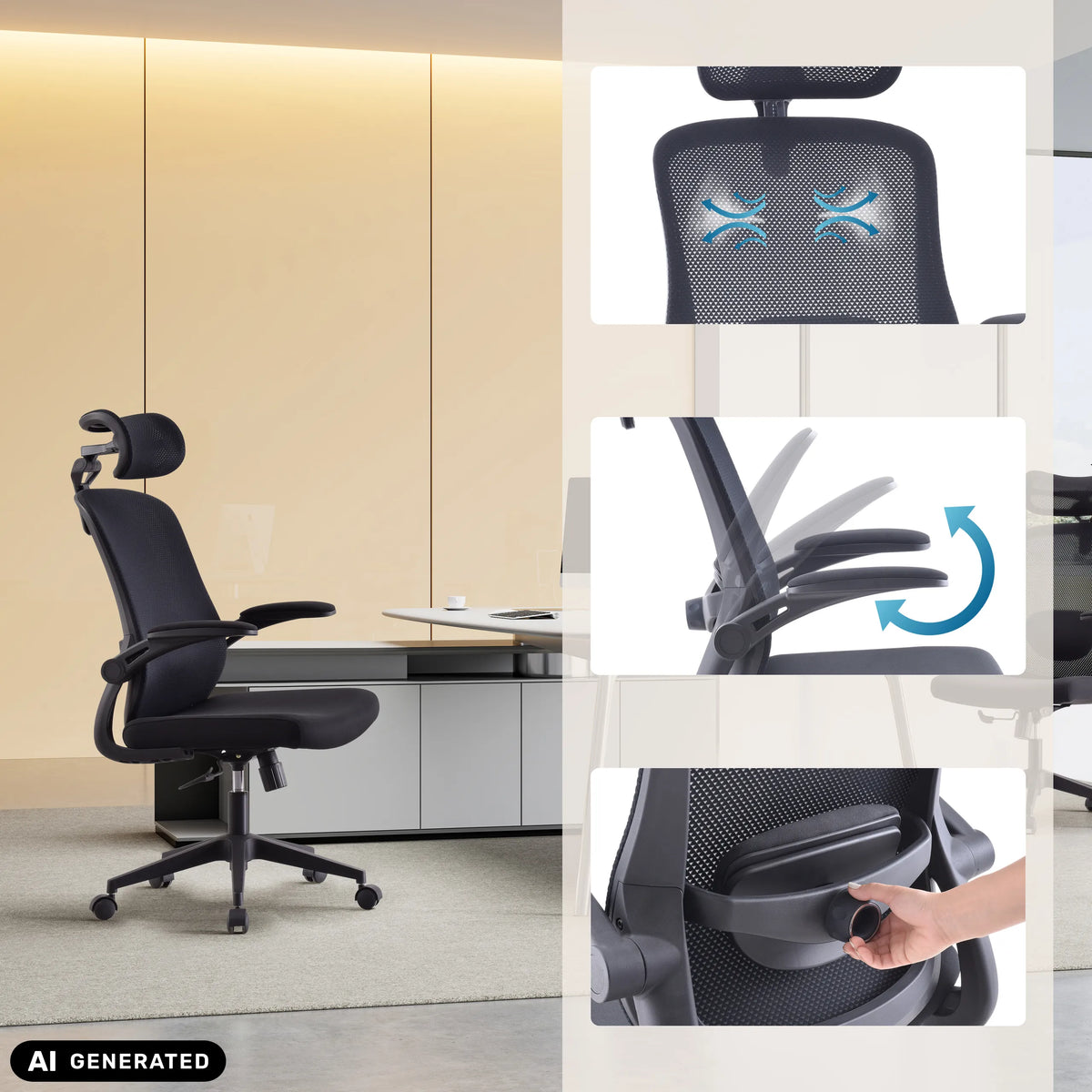 Home Office kontorsstol Vertuflex med justerbart nackstöd och armstöd i svart från MyBuero (AI-genererad bild)