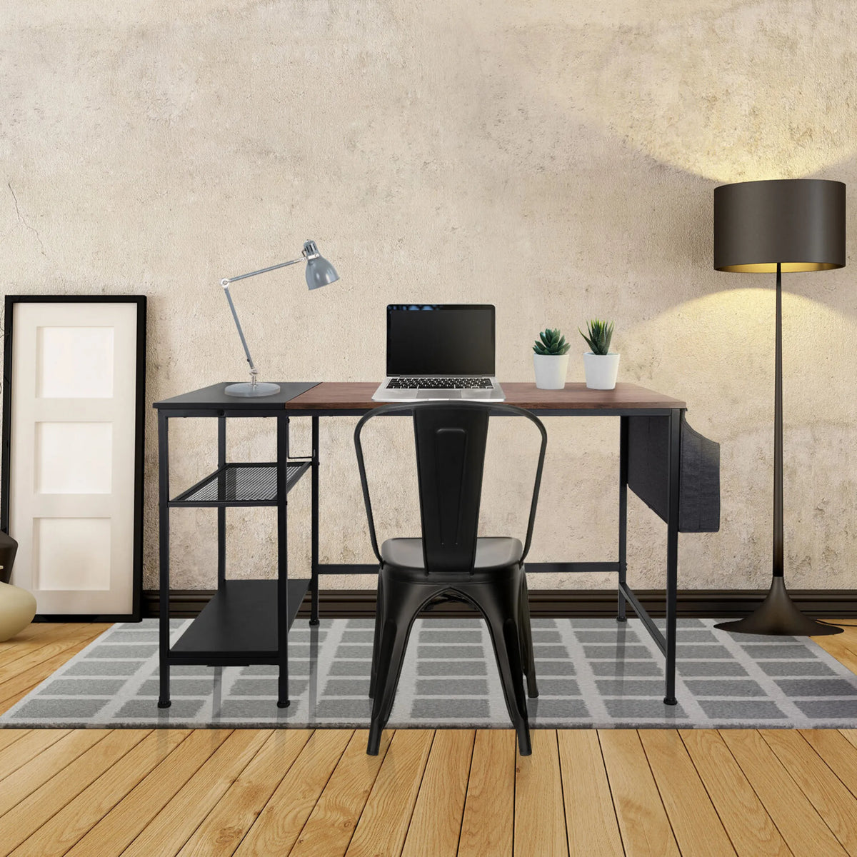 Skrivbord WORKSPACE H I i svart och brunt med integrerad hylla och förvaring från hjh OFFICE