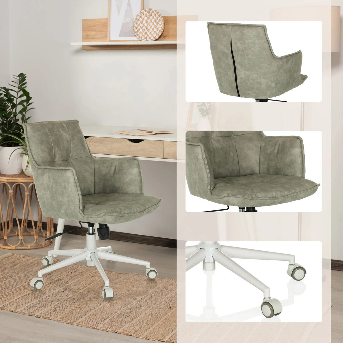 Grå Home Office kontorsstol SOLAO LIFE W med detaljvyer av stoppning och vitt underrede med hjul från hjh LIVING