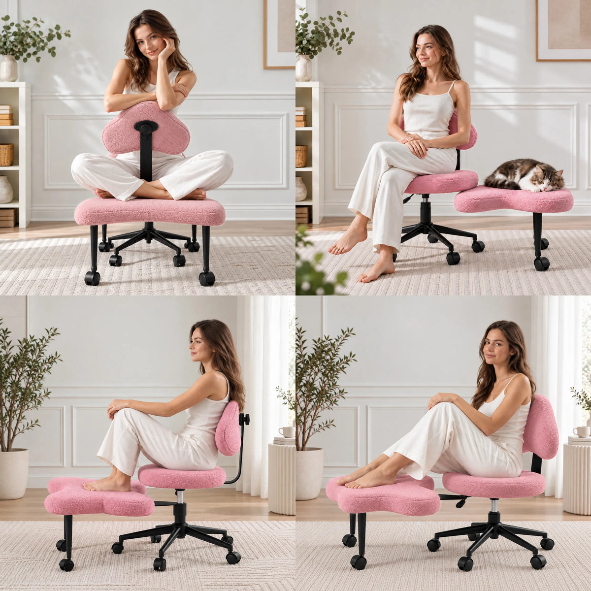 Rosa Asanasit meditationsstol med ryggstöd och fotstöd i fyra olika sittpositioner från hjh LIVING