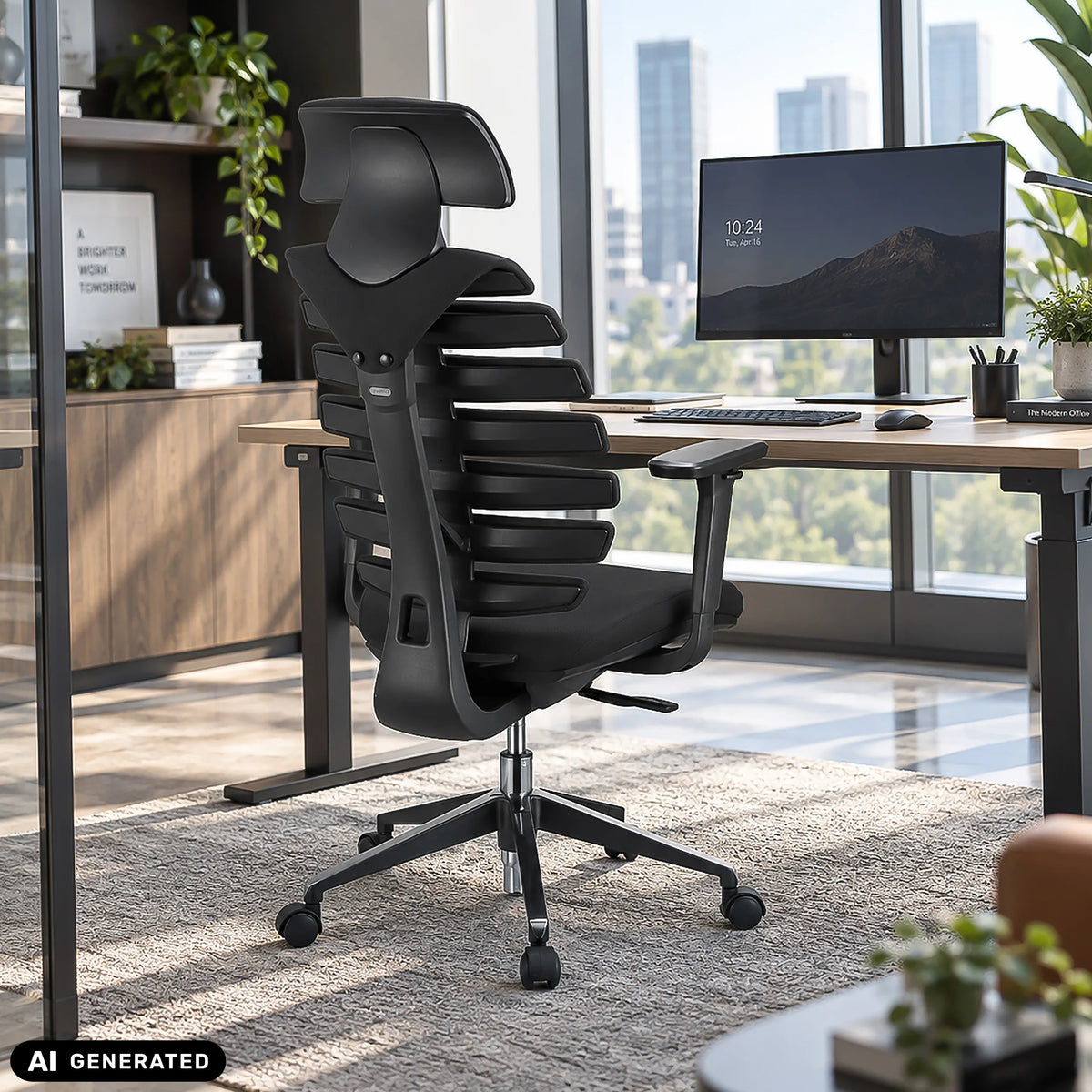 Svart professionell kontorsstol ERGO LINE II PRO med nätrygg och nackstöd från hjh OFFICE (AI-genererad bild)
