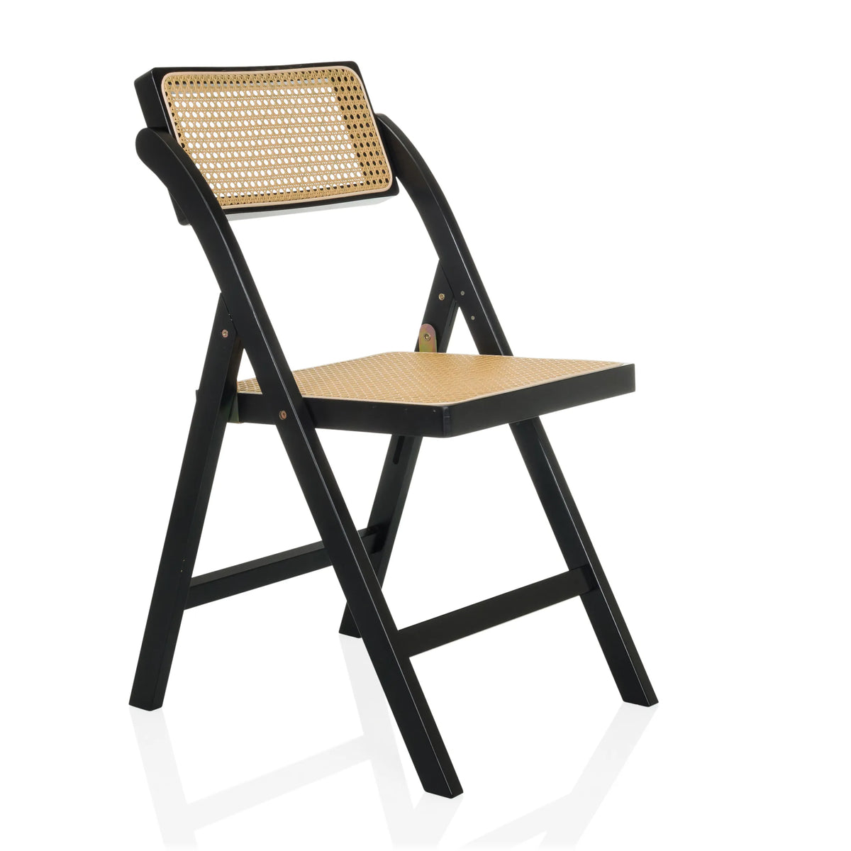 Svart Hopfällbar stol TUDELA BAMBOO med brunt wienerflätad sits och ryggstöd från hjh LIVING – 360-gradersvy (snett framifrån 45°)
