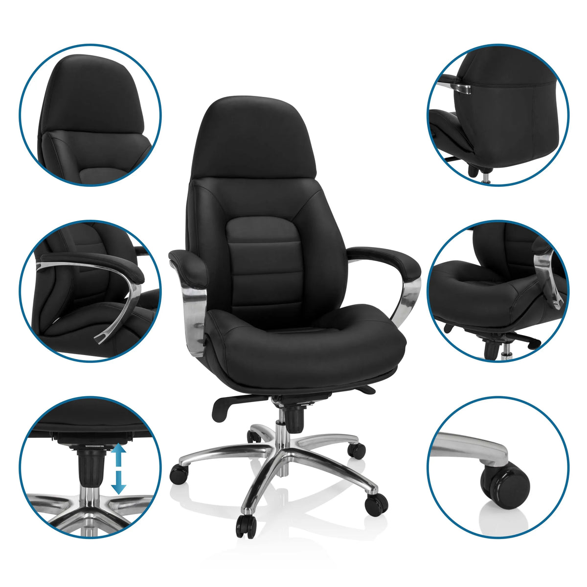 snurrstol BRENTON XXL i svart med kromad fotkorsbas och detaljbilder från hjh OFFICE
