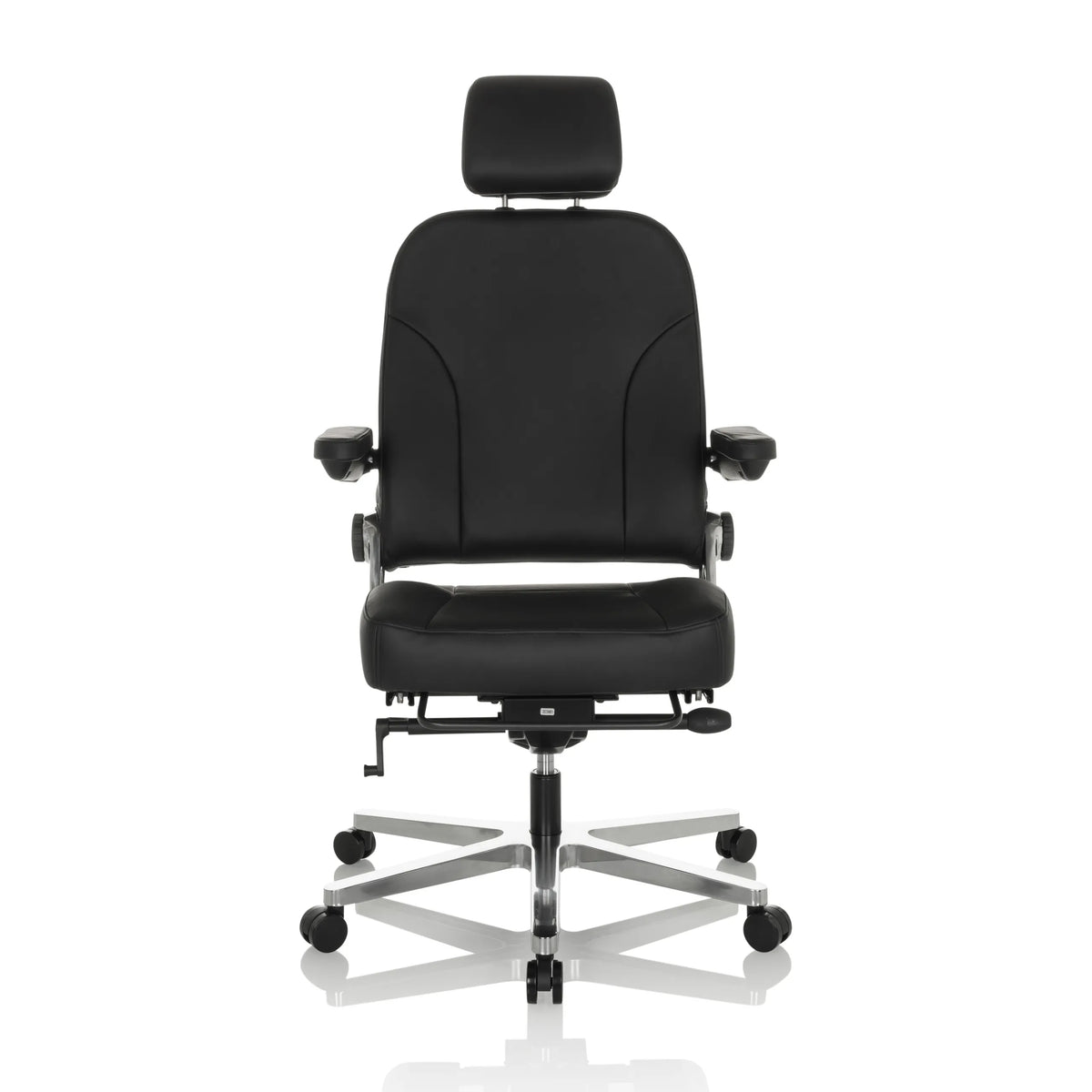 Svart XXL snurrstol 24 HOURS F i läder med nackstöd och femhjulig stjärnfot från hjh OFFICE – 360-gradersvy (framifrån 0°)