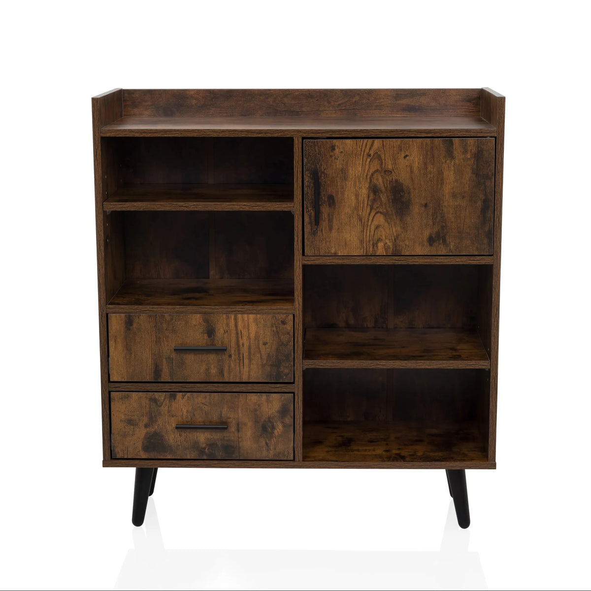 Braune Kommode MYRDAL mit offenen Fächern, zwei Schubladen und schwarzen Füßen von hjh LIVING – 360-Grad-Ansicht (Frontansicht 0°)