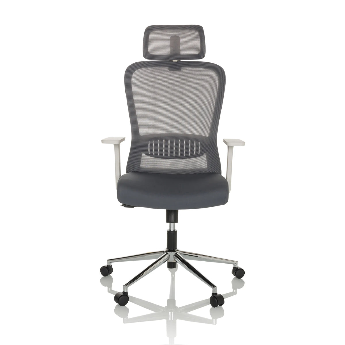 Grå Home Office kontorsstol BELAIA W med nätrygg, nackstöd och femhjulig fotkorsbas från hjh OFFICE – 360-gradersvy (framifrån 0°)