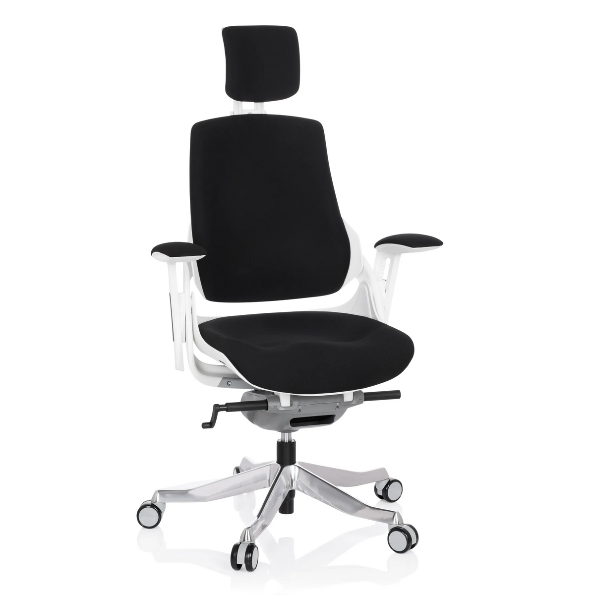 Svart Professionell kontorsstol SPEKTRE med nackstöd och femstjärnig fotkorsbas med hjul från hjh OFFICE – 360-gradersvy (framifrån 20°)