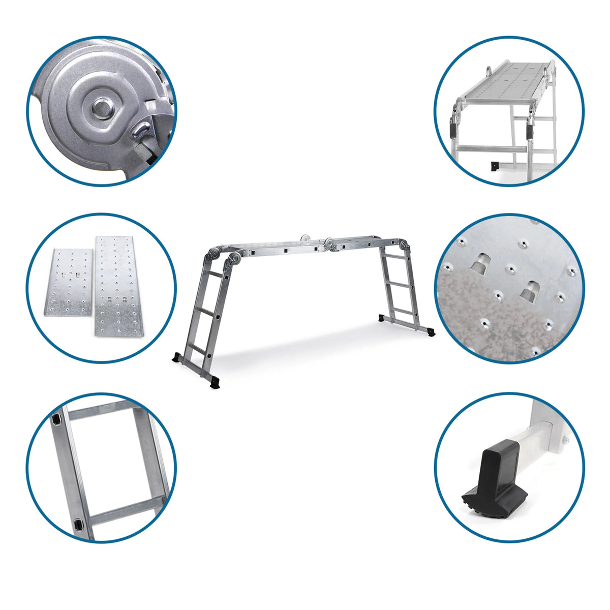 Fällbar stege i aluminium SOLID W3 med detaljvyer av leder, halkfria steg och fötter från hjh OFFICE