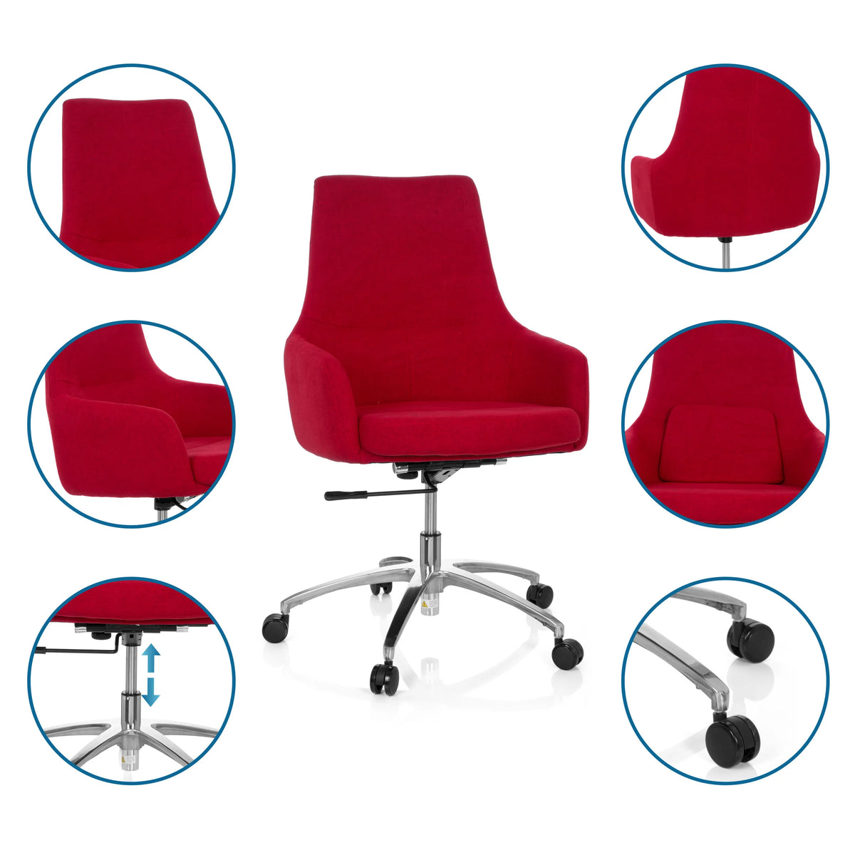 Röd Home Office kontorsstol SHAKE 100 med detaljvyer av stoppning, gasfjäder och dubbelhjul från hjh OFFICE