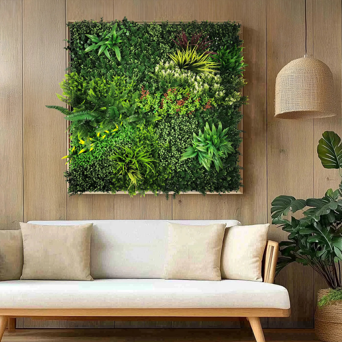 Grön Växtmatta LEAFLUXE 3D med olika konstväxter i en träram från hjh LIVING