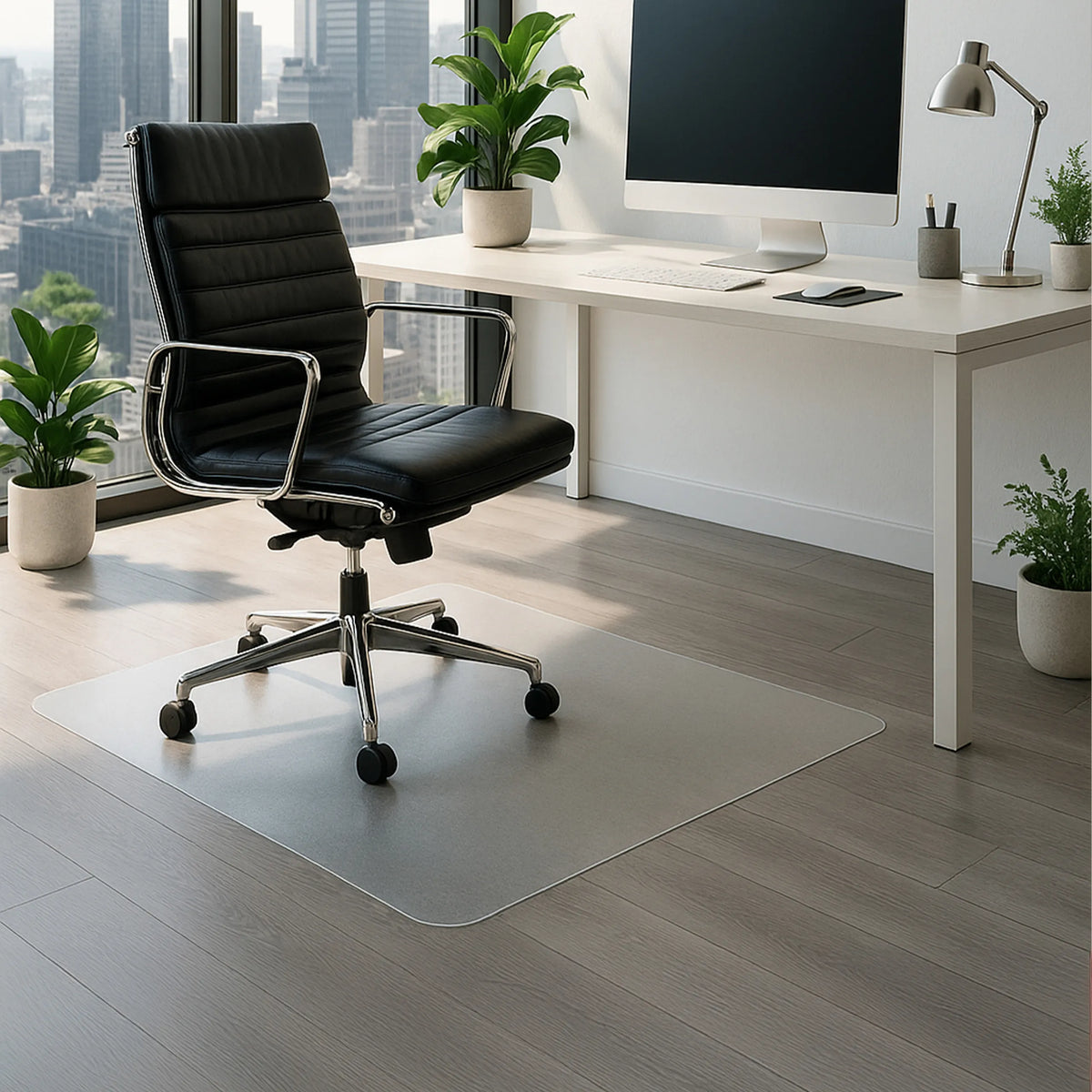 Mjölkvit FORTIFLEX skyddsmatta för hårda golv, 120 × 90 cm, under en kontorsstol från hjh OFFICE