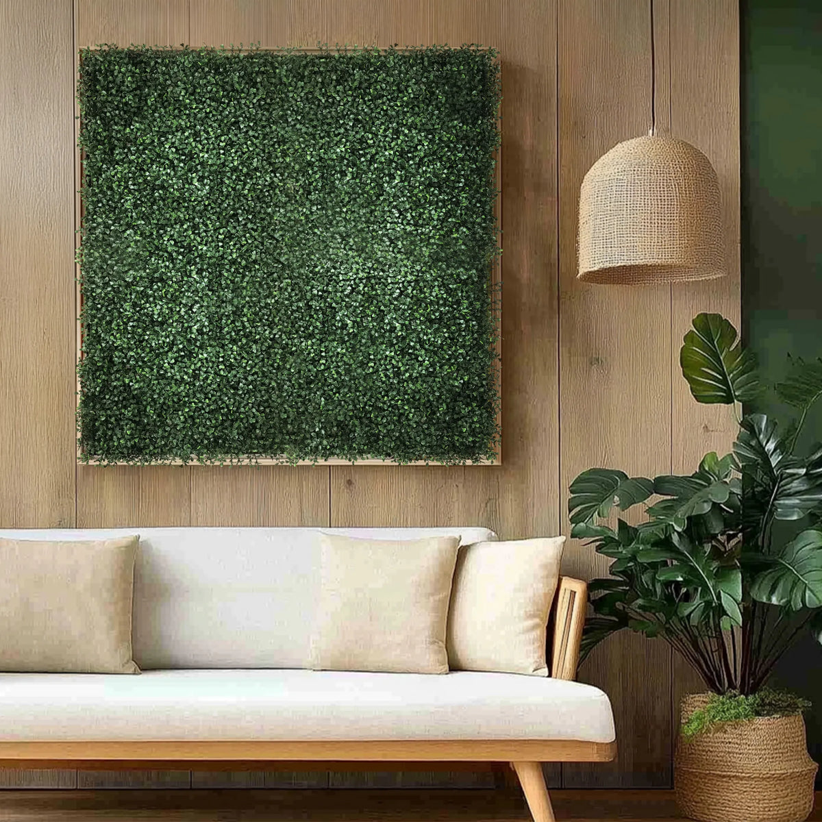 Grön växtmatta LEAFLUXE 1 som kvadratiskt väggelement över en ljus soffa från hjh LIVING