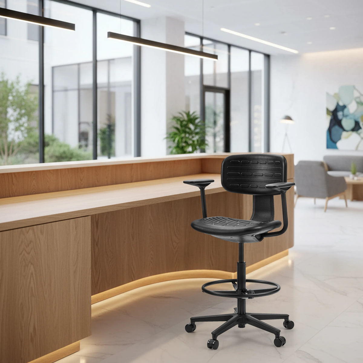 Svart Bardiskstol TOP WORK B1 med fotring och hjul från hjh OFFICE