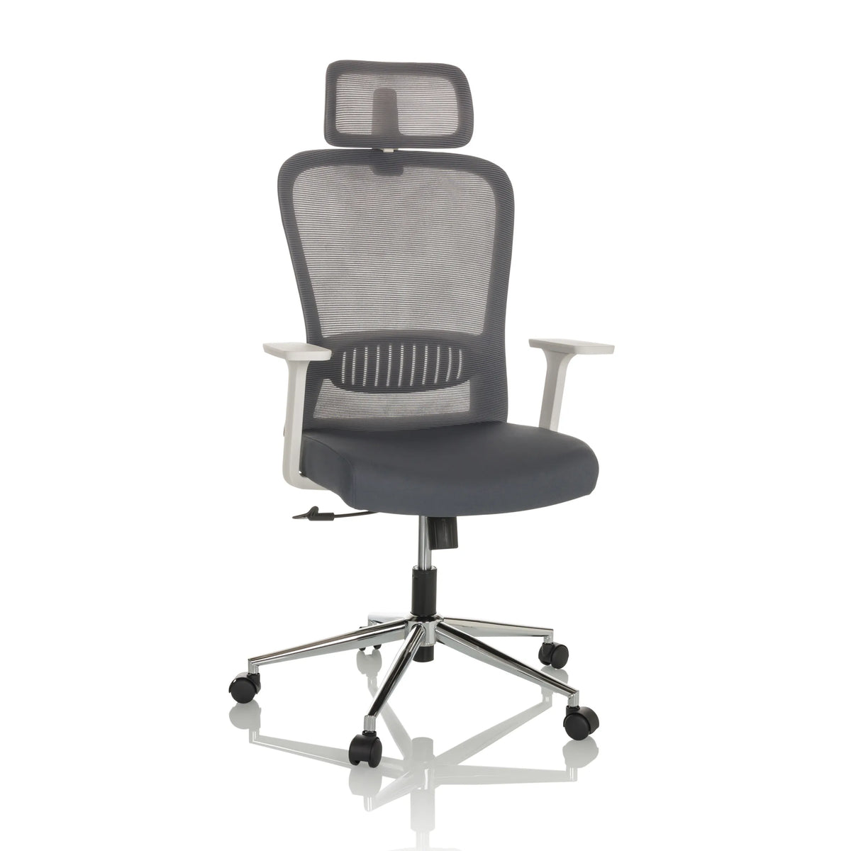 Grå Home Office kontorsstol BELAIA W med nätrygg, nackstöd och femhjulig fotkorsbas från hjh OFFICE – 360-gradersvy (framifrån 15°)