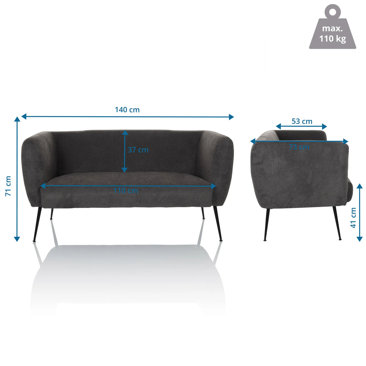 Måttskiss av loungesoffa HAYRIVER med en bredd på 140 cm och ett djup på 73 cm från hjh LIVING