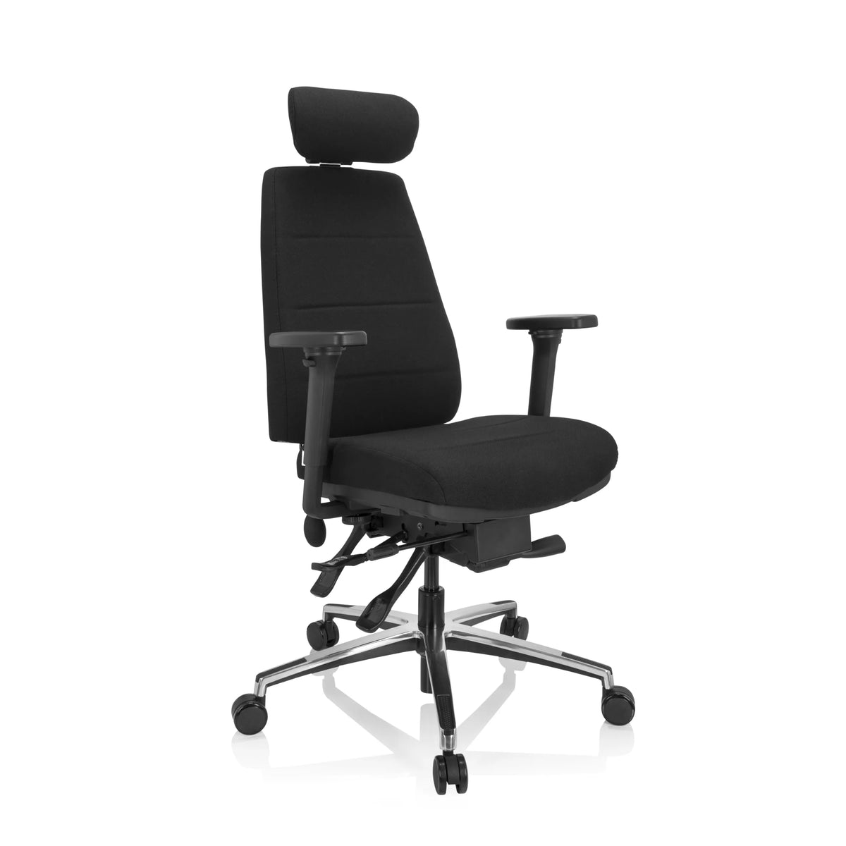 Svart Professionell kontorsstol PHOENIX PRO I med nackstöd och femhjulig fotkorsbas från hjh OFFICE – 360-gradersvy (snett framifrån 40°)