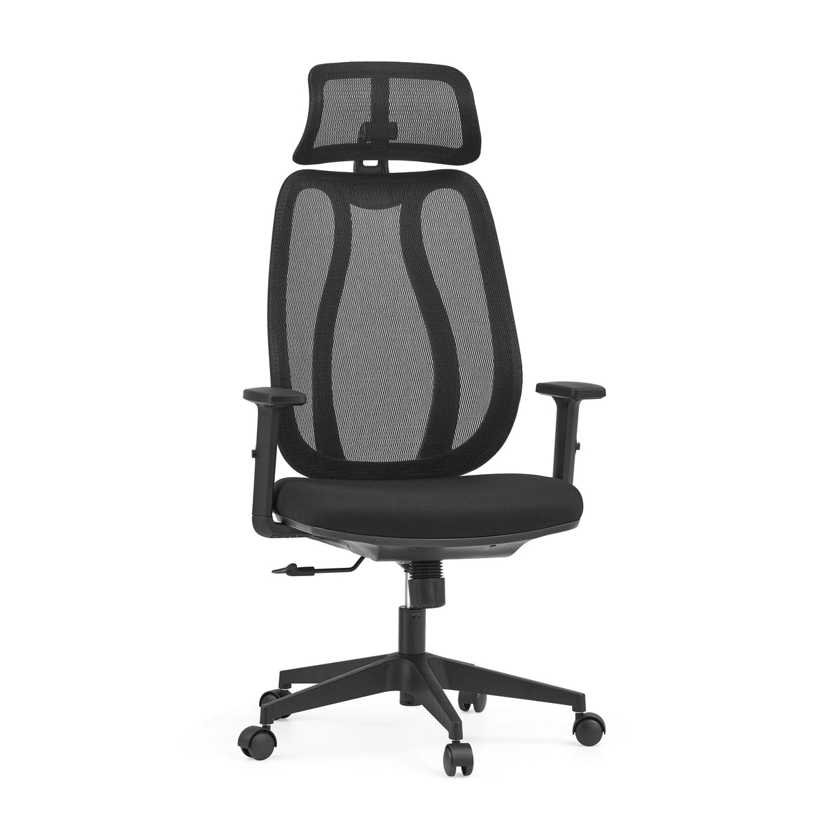 Svart professionell kontorsstol Filaro med nätrygg, nackstöd och femstjärnigt fotkors med hjul från hjh OFFICE – 360-gradersvy (framifrån 15°)