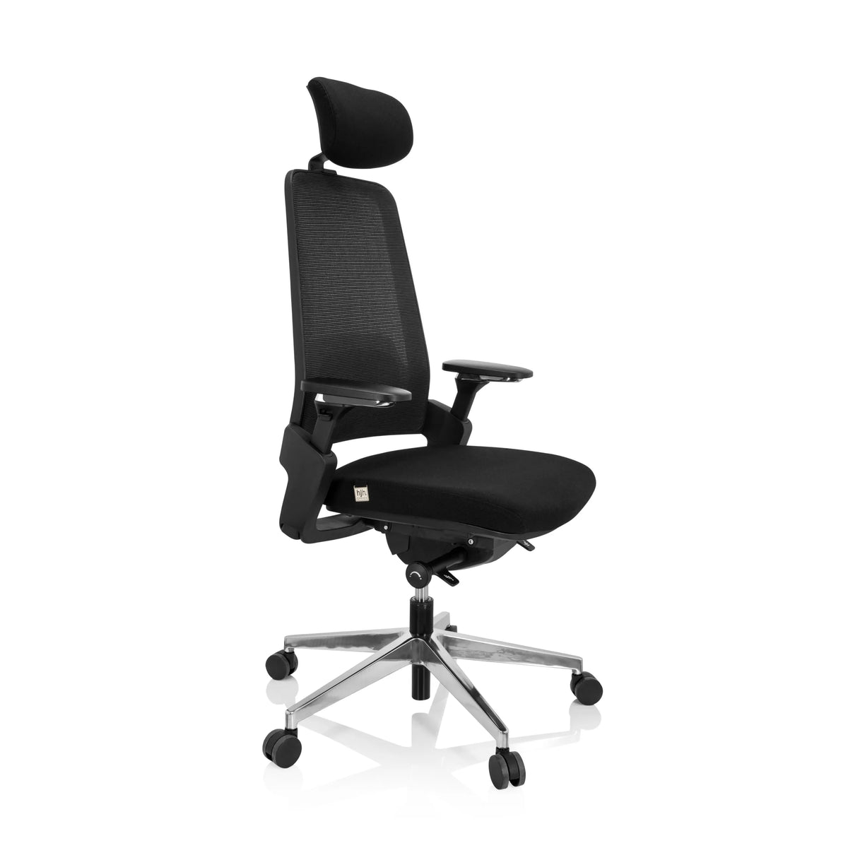 Svart Professionell kontorsstol BRACIO med nätrygg, nackstöd och femhjulig fotkorsbas från hjh OFFICE – 360-gradersvy (snett framifrån 60°)