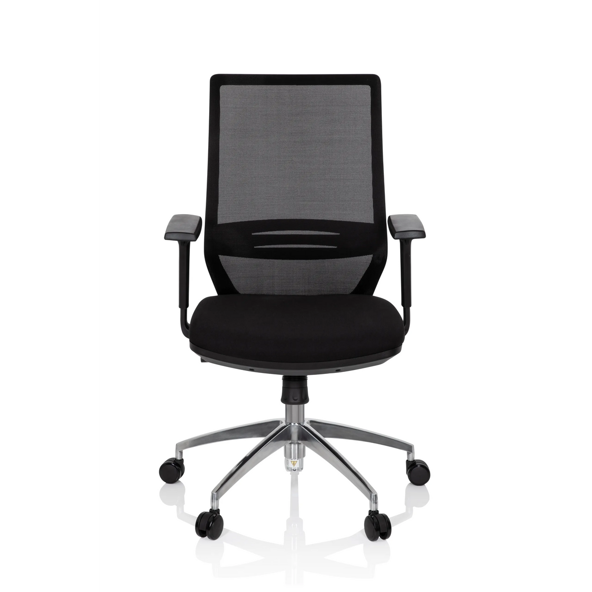 Svart Professionell kontorsstol PROFONDO med nätrygg och femstjärnig fotkorsbas med hjul från hjh OFFICE – 360-gradersvy (framifrån 0°)