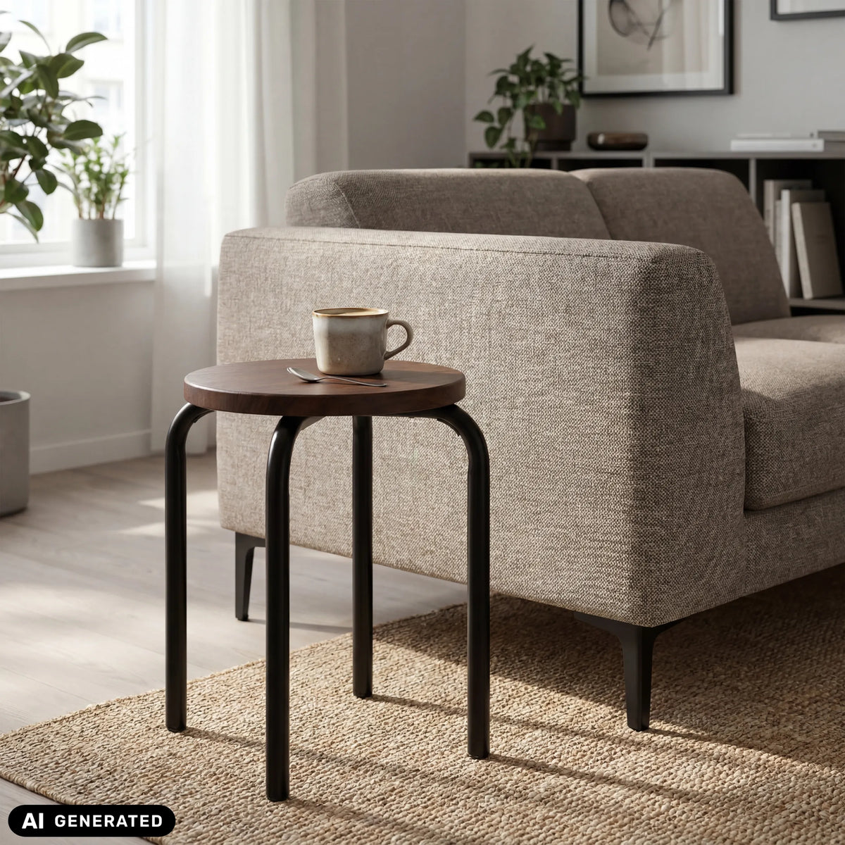 Sittpall ALRANDA i svart och valnöt med en kopp på ytan från hjh LIVING