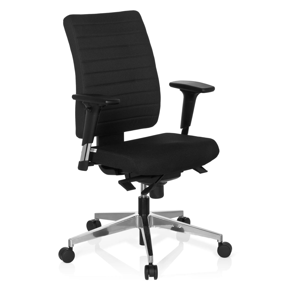 Svart Professionell kontorsstol PRO-TEC 350 med armstöd och silverfärgad femstjärnig fotkorsbas med hjul från hjh OFFICE – 360-gradersvy (snett framifrån 40°)