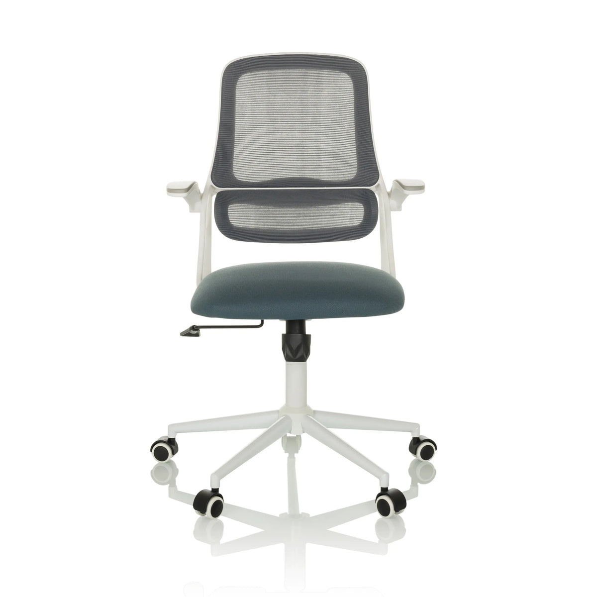 Grå Home Office kontorsstol MIKO W ECO med nätrygg och vitt femstjärnigt underrede med hjul från hjh OFFICE – 360-gradersvy (framifrån 0°)