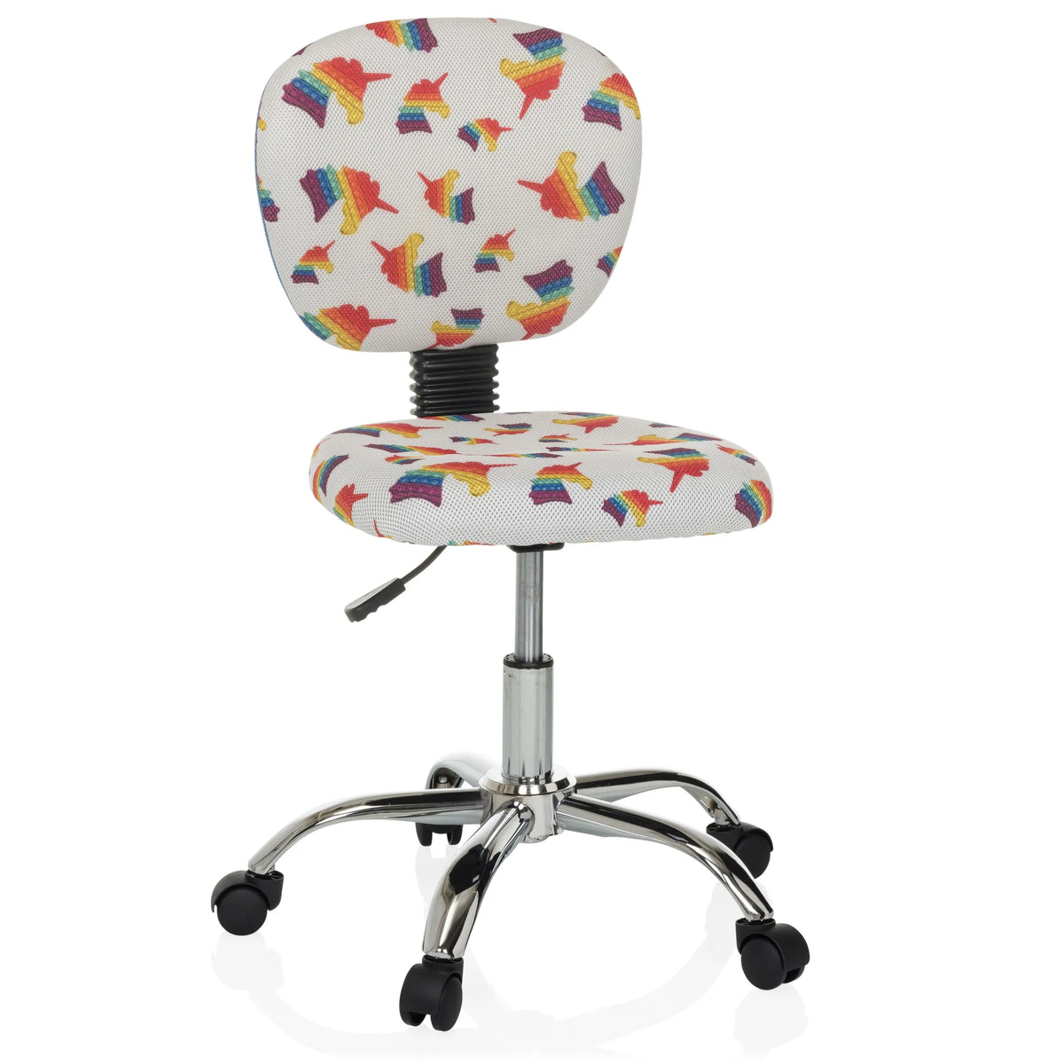 Snurrstol för barn KID BUBBLE med färgglatt regnbågsmotiv och femhjulig fotkorsbas från hjh OFFICE – 360-gradersvy (framifrån 15°)