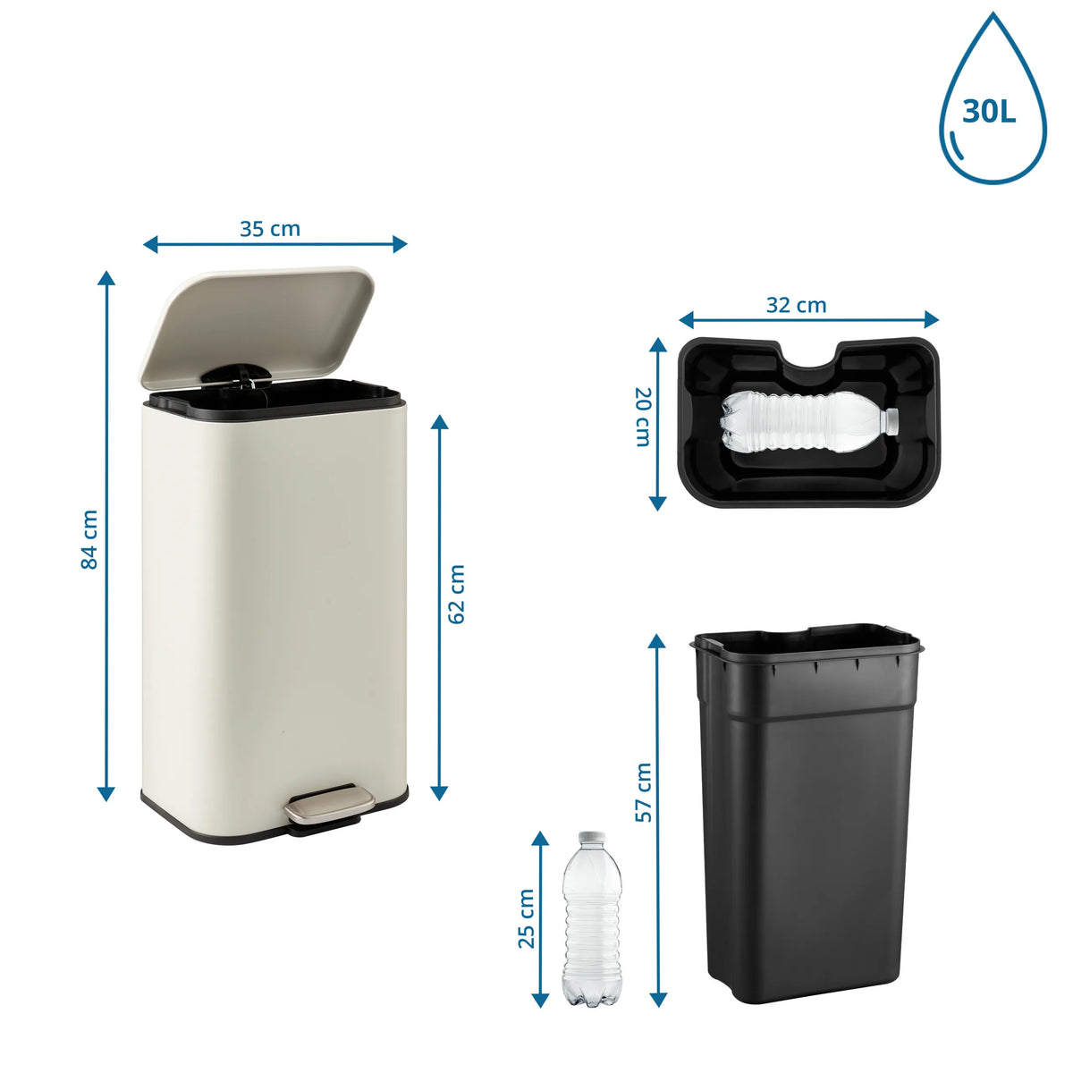 Måttritning av Papperskorg Clean 1 med 84 x 35 cm och 30 l volym från hjh OFFICE