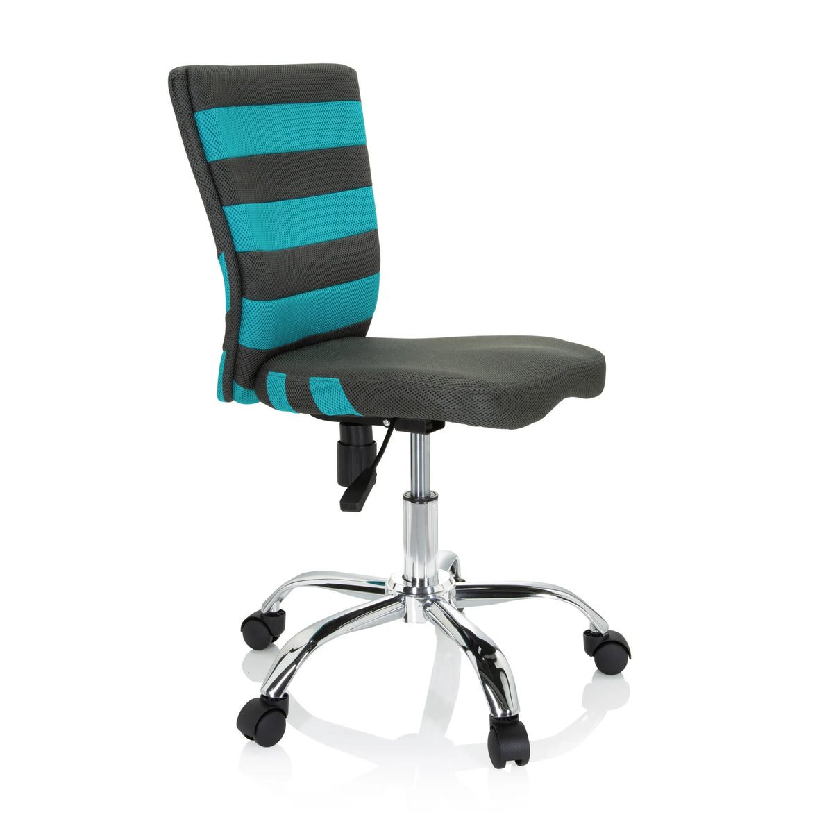 Grå KIDDY COMFORT I snurrstol för barn med turkosa ränder i nätryggen och femkorsfot med hjul från hjh OFFICE – 360-gradersvy (snett framifrån 60°)