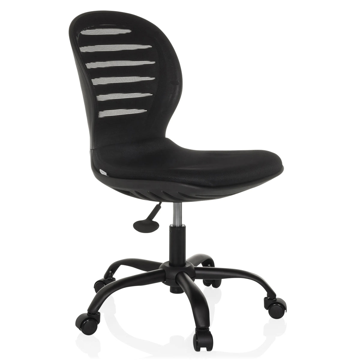 Svart Home Office kontorsstol CASLA med nätrygg och femstjärnig fotkorsbas med hjul från hjh OFFICE – 360-gradersvy (snett framifrån 45°)