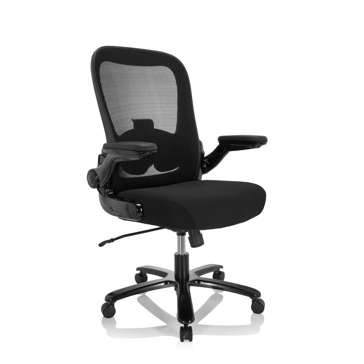 Svart XXL snurrstol INSTRUCTOR SW I med nätrygg, armstöd och femhjulig fotkorsbas från hjh OFFICE – 360-gradersvy (snett framifrån 40°)