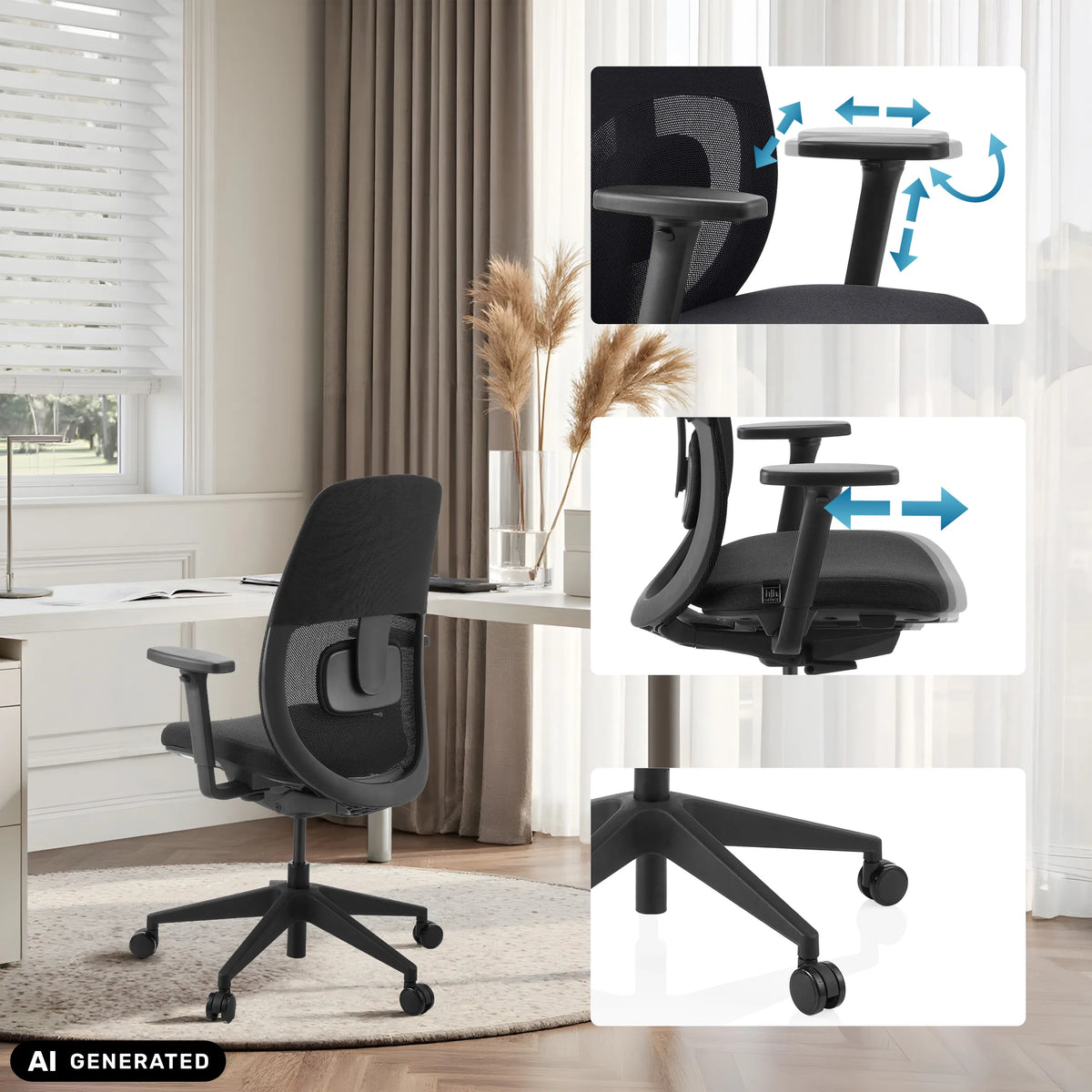 Justerbara armstöd och stjärnfot på den professionella kontorsstolen Skandis från hjh OFFICE (AI-genererad bild)